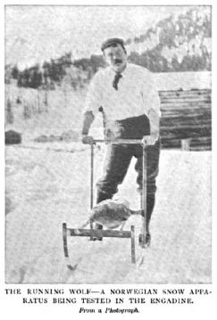 Arthur Conan Doyle with "The running wolf" (Rennwolf) — a norwegian snow apparatus being tested in the Engadine. (Some Recollections of Sport)