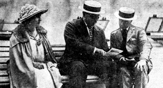 On the Adriatic, Sir Arthur Conan Doyle (center), delver in spirit lore, with Lady Doyle, ended American tour with chat with friend (4 august 1923).