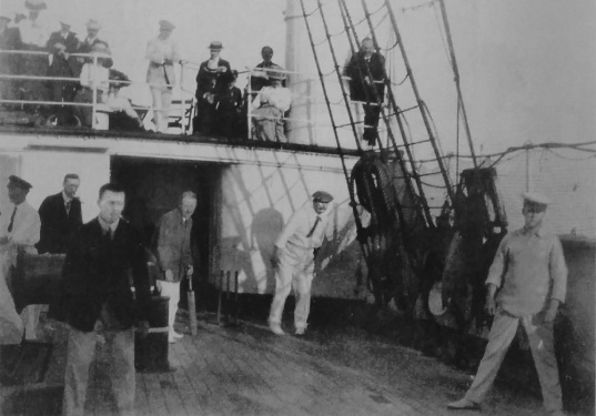 Arthur Conan Doyle playing cricket on the RMS Dunottar Castle (september 1909).