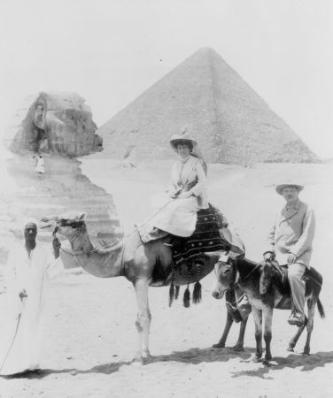 Arthur Conan Doyle and his wife Jean visiting the Pyramids, Cairo, Egypt. Conan Doyle wrote on the back "Everyone happy except the donkey."